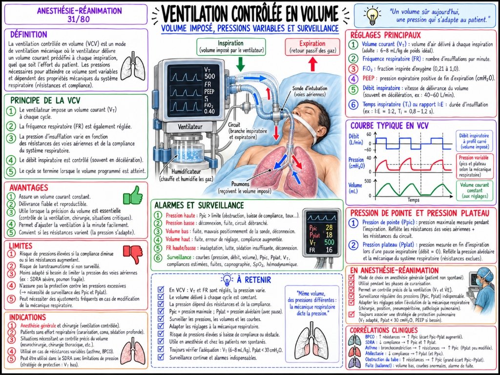 Ventilation contrôlée en volume (VCV) — Volume imposé, pressions variables et surveillance