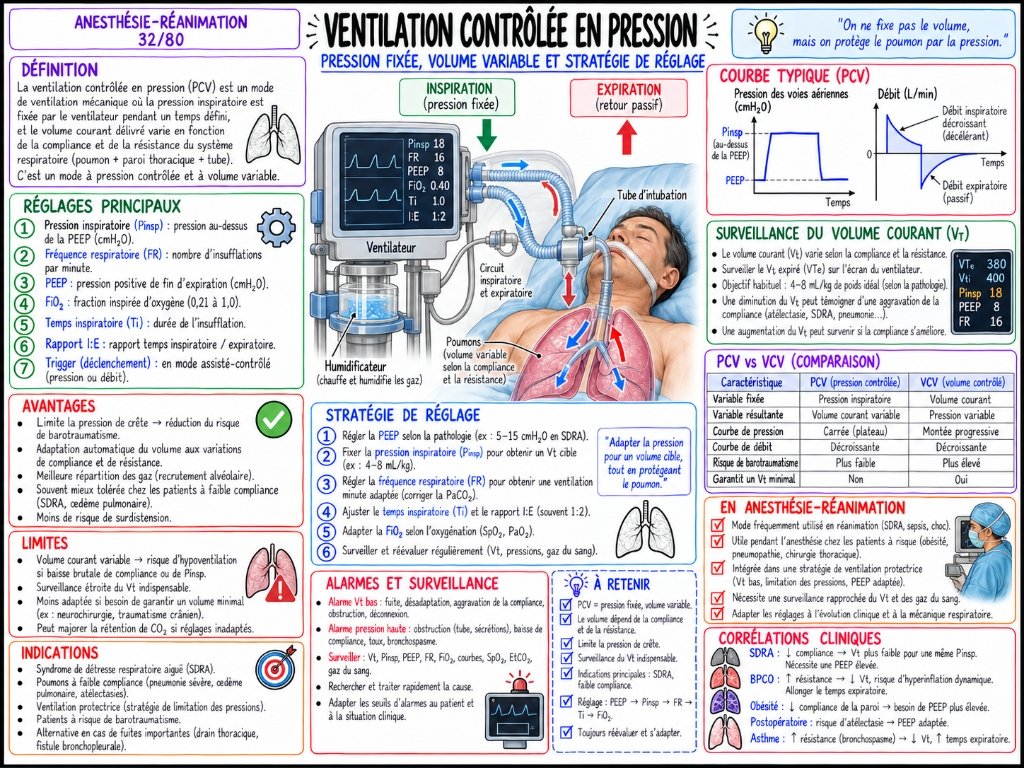 Ventilation contrôlée en pression (PCV) — Pression fixée, volume variable et stratégie de réglage